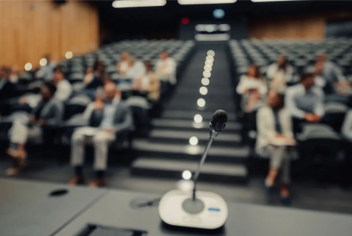A desk microphone on the speaker's lectern, with the seated audience in the background